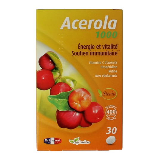 Trenker Acerola 1000 mineral tablets in a bottle, showing the label with product details and tablet count.