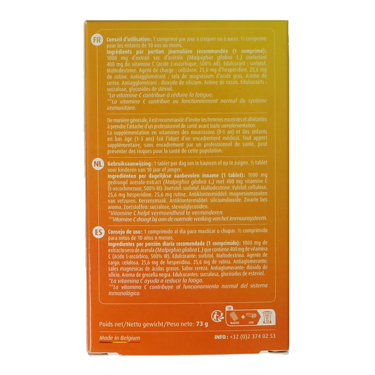 Trenker Acerola 1000 mineral tablets, 30-count, showing orange-flavored supplement bottle with tablets inside.