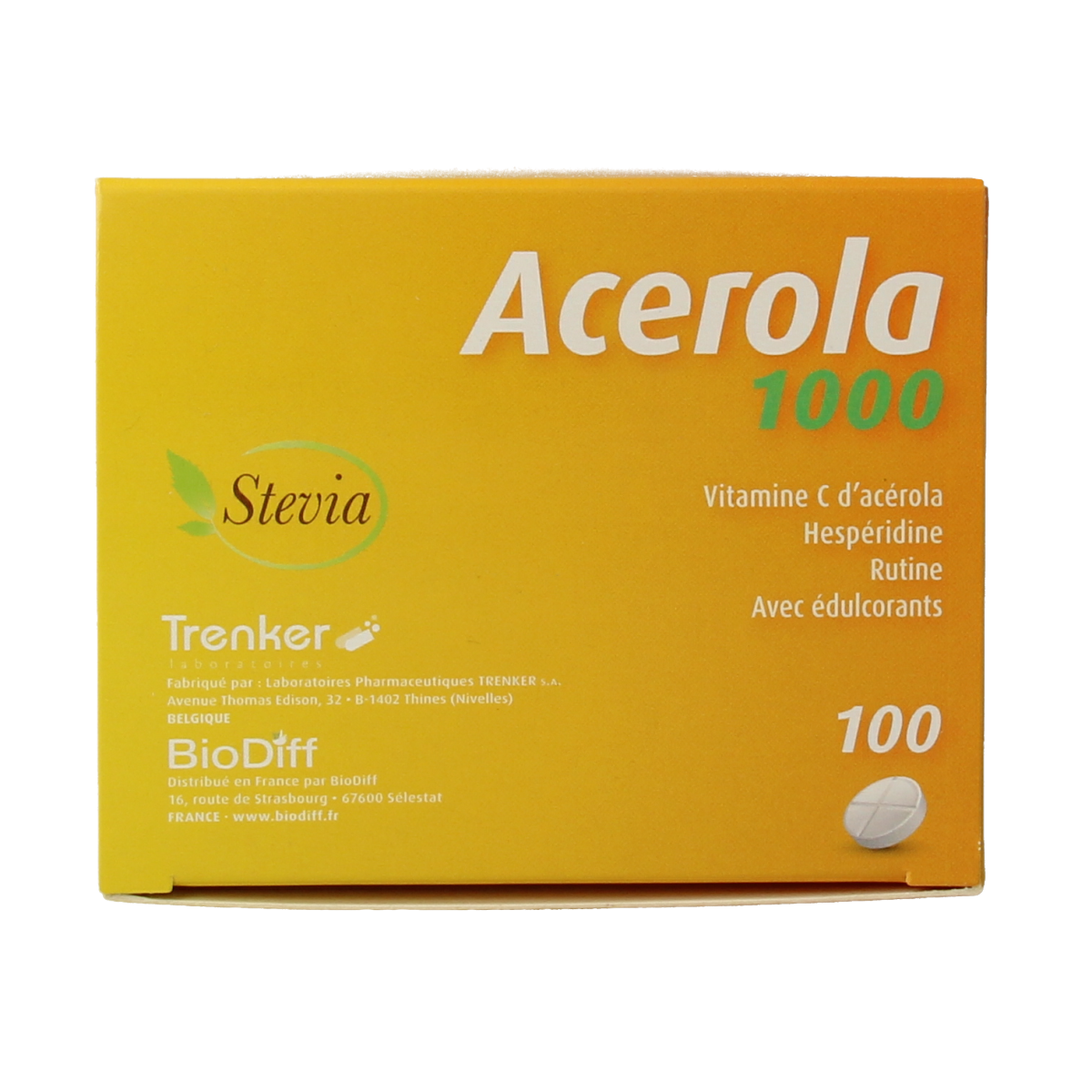 Trenker Acerola 1000 tablets, herbal supplement in a bottle, featuring bright orange acerola fruit on the label
