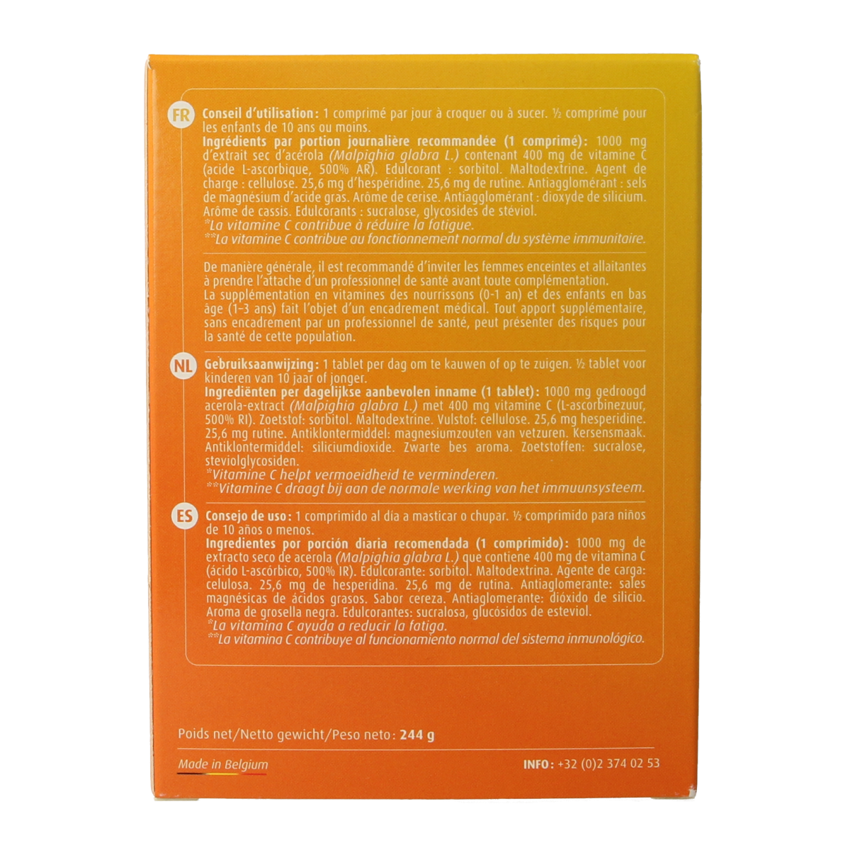Trenker Acerola 1000 tablets, herbal supplement in a clear bottle, showing orange-flavored acerola cherry extract capsules.