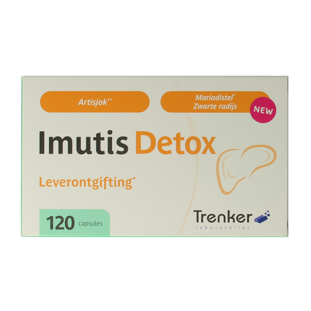 Trenker Imutis detox capsules, herbal supplement in a bottle with 120 capsules, natural herbal remedy for detoxification.