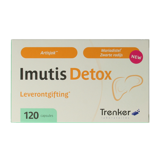 Trenker Imutis detox capsules, herbal supplement in a bottle with 120 capsules, natural herbal remedy for detoxification.