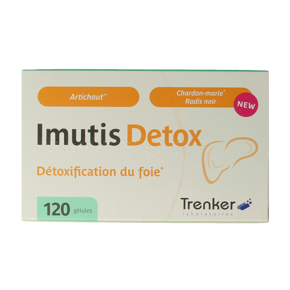 Trenker Imutis Detox herbal supplement capsules in a bottle, part of Kruidenpreparaten product line.
