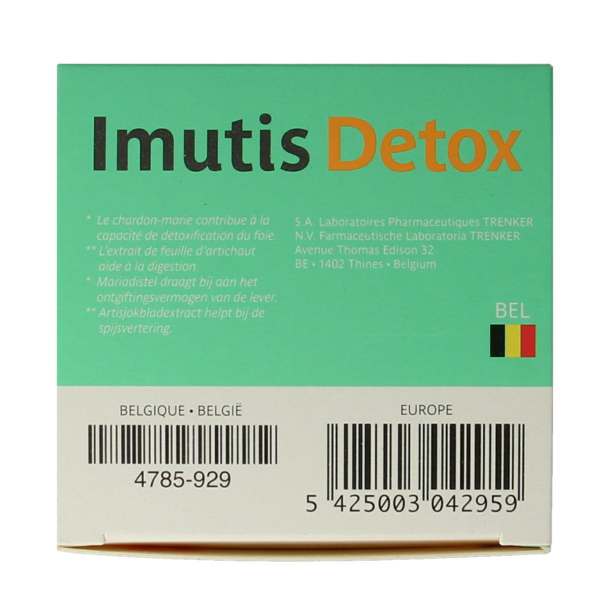Trenker Imutis Detox capsules, herbal supplement in a white bottle with label, designed for detox and wellness support.