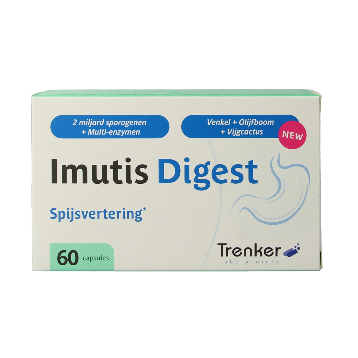 Trenker Imutis Digest micro-organismen capsules in a bottle, dietary supplement for digestive health.