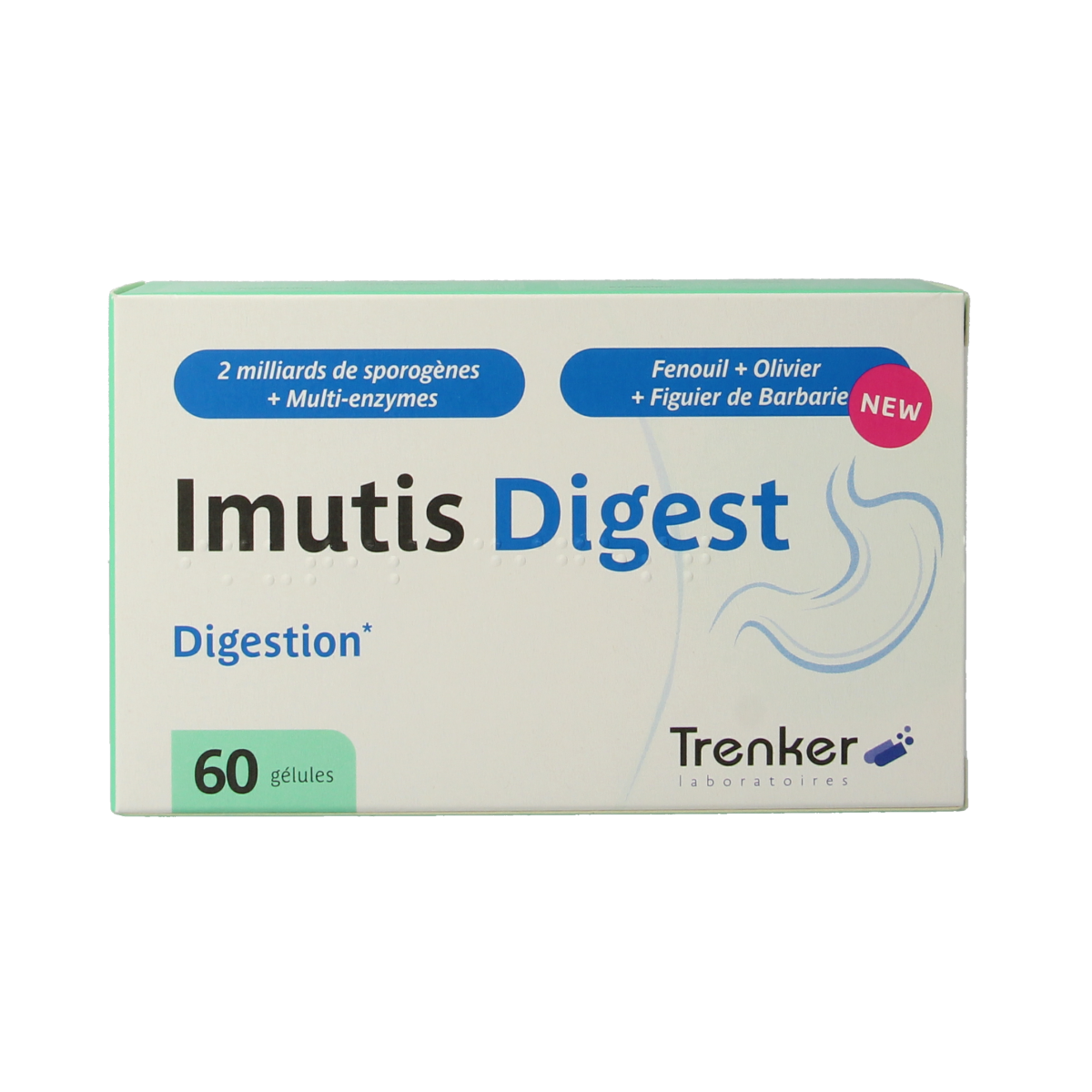 Trenker Imutis Digest micro-organismen capsules in a bottle, dietary supplement for digestive health.