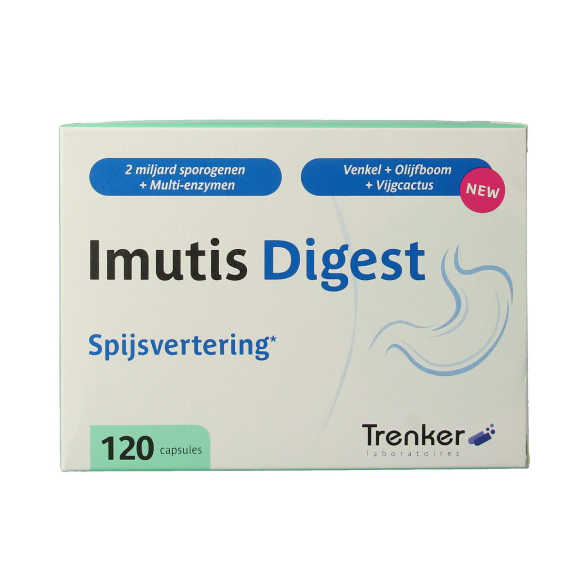 Trenker Imutis Digest micro-organisms capsules, 120 count, featuring supplement bottles with capsules in a natural setting.