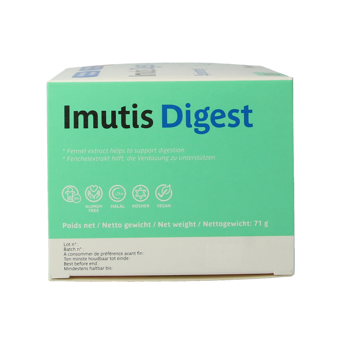 Trenker Imutis Digest probiotic capsules featuring micro-organisms, in a white bottle with a label showing product details.