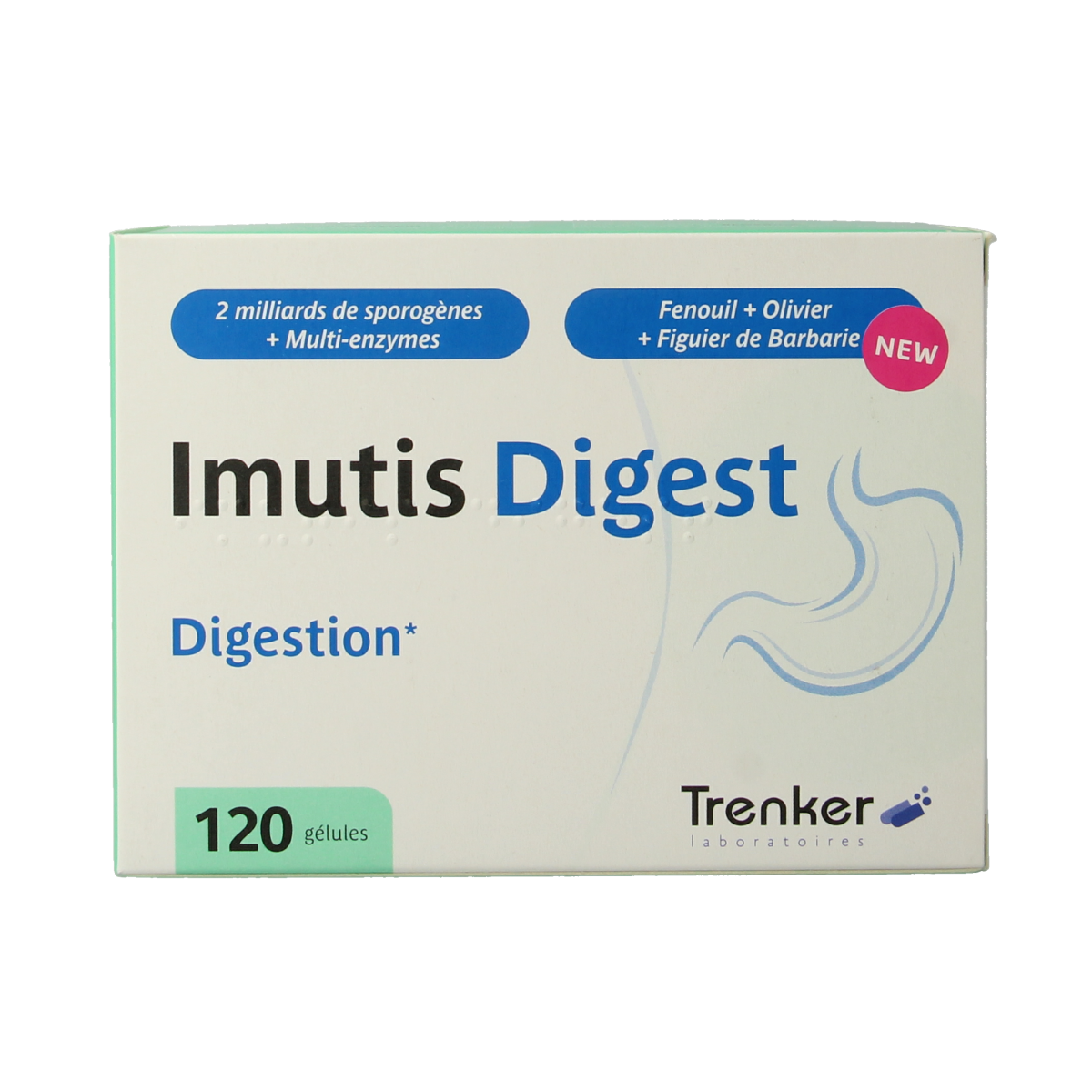 Trenker Imutis Digest micro-organisms capsules, 120 count, with probiotic supplement in a white bottle.