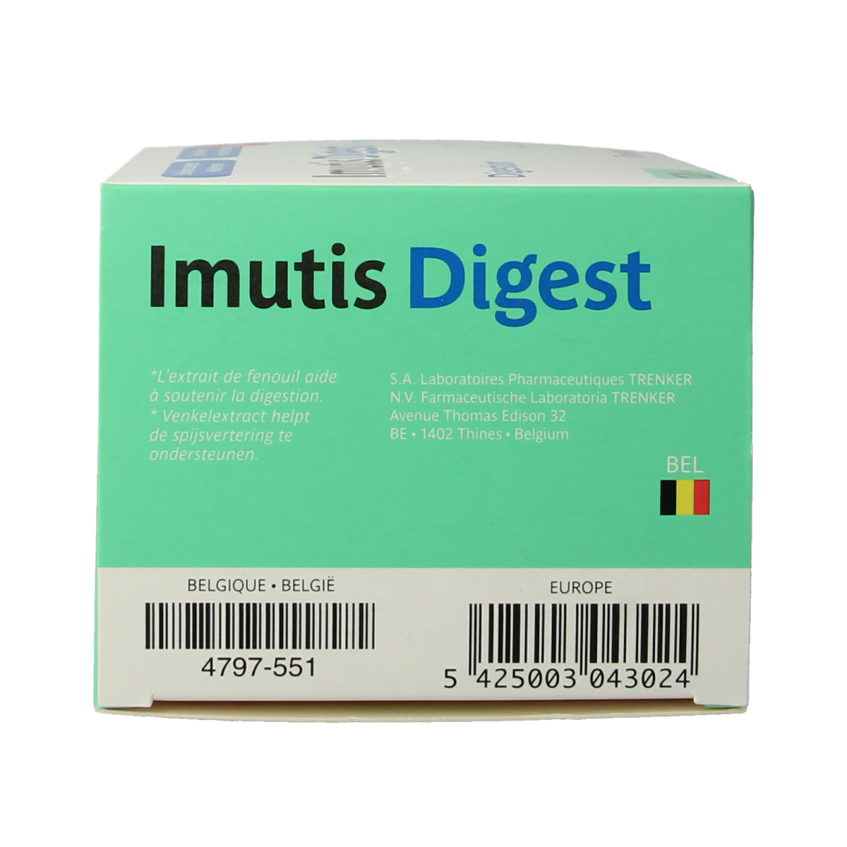 Trenker Imutis Digest micro-organisms capsules, 120 count, in a bottle with label showing product details and capsules inside.