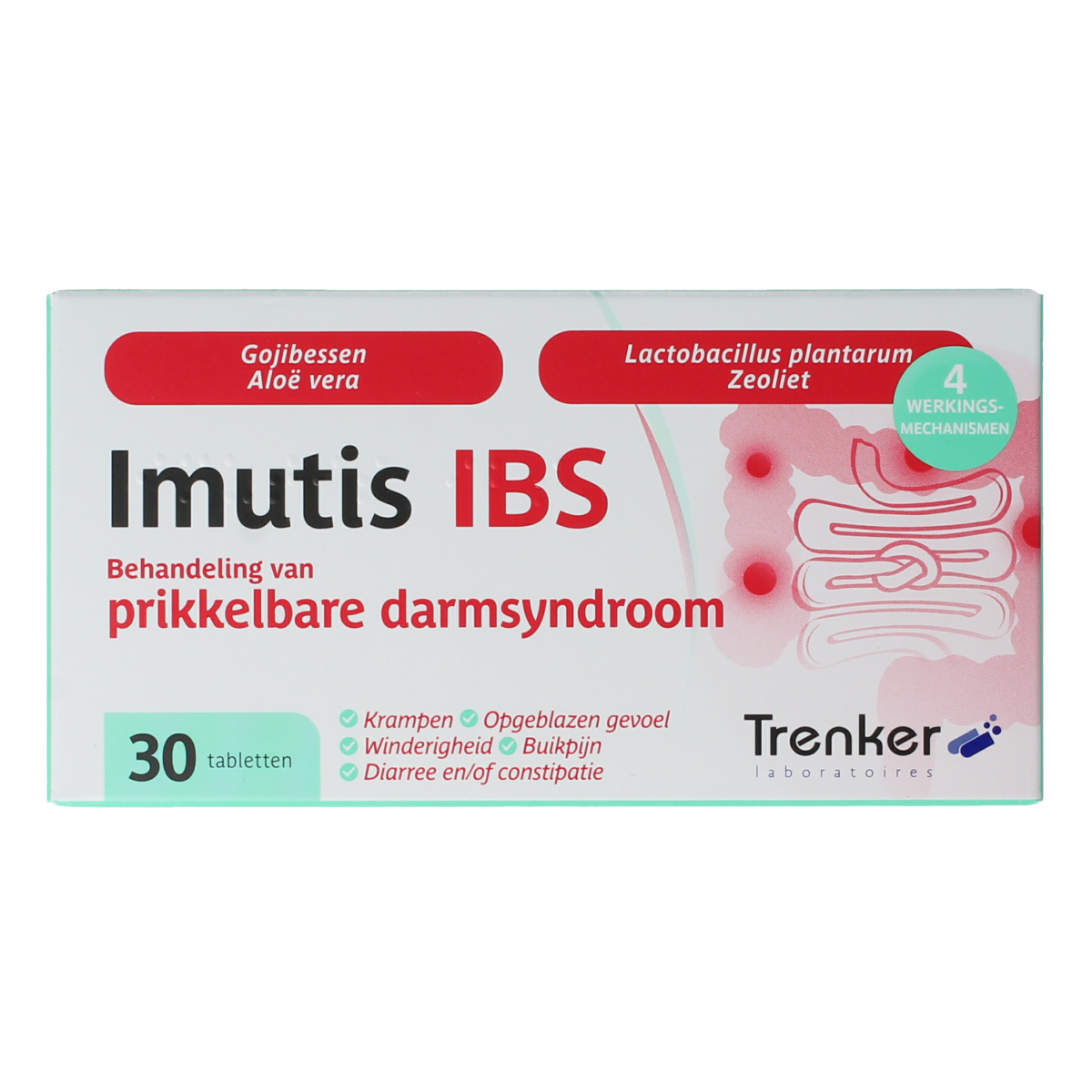 Trenker Imutis IBS dietary supplement tablets in a blister pack, natural herbal support for digestive health.