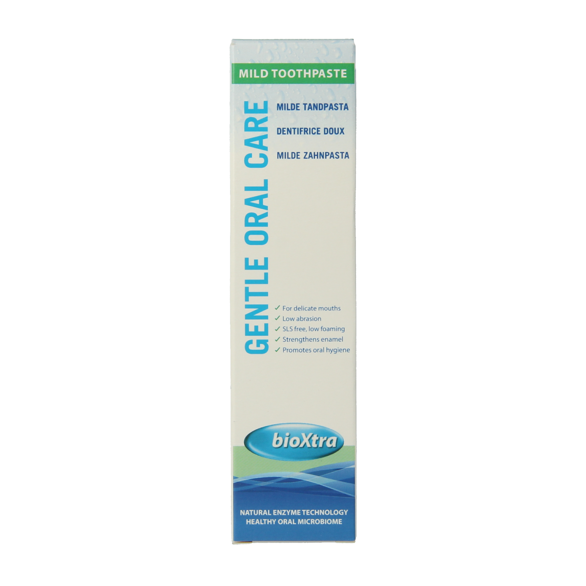 Bioxtra ultra mild toothpaste for dry mouth, 50ml tube, gentle oral care for sensitive mouths, shown in the image.