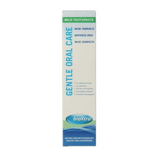 Bioxtra ultra mild toothpaste for dry mouth, 50ml tube, gentle oral care for sensitive mouths, shown in the image.