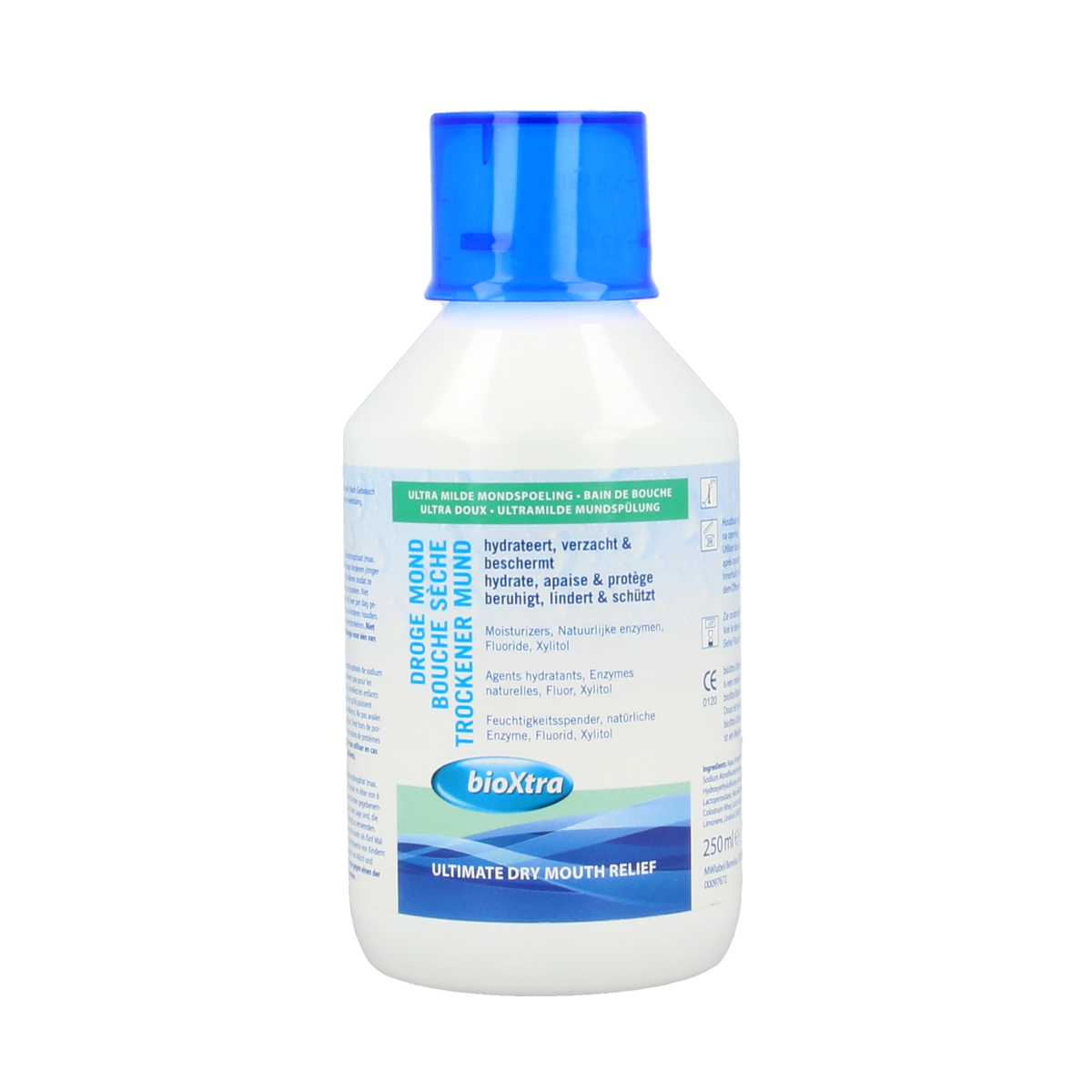 Bioxtra alcohol-free mouthwash for dry mouth in a 250ml bottle, gentle oral rinse from Bioxtra brand.