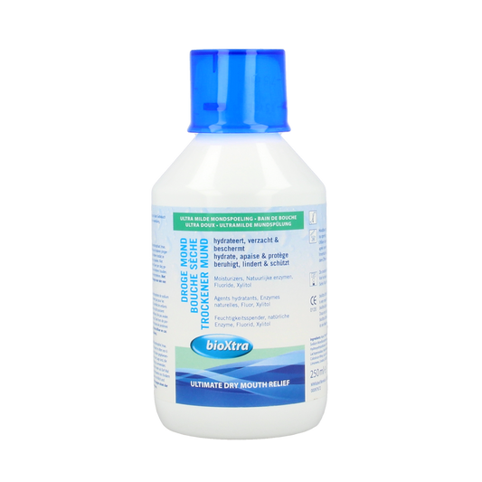 Bioxtra alcohol-free mouthwash for dry mouth in a 250ml bottle, gentle oral rinse from Bioxtra brand.