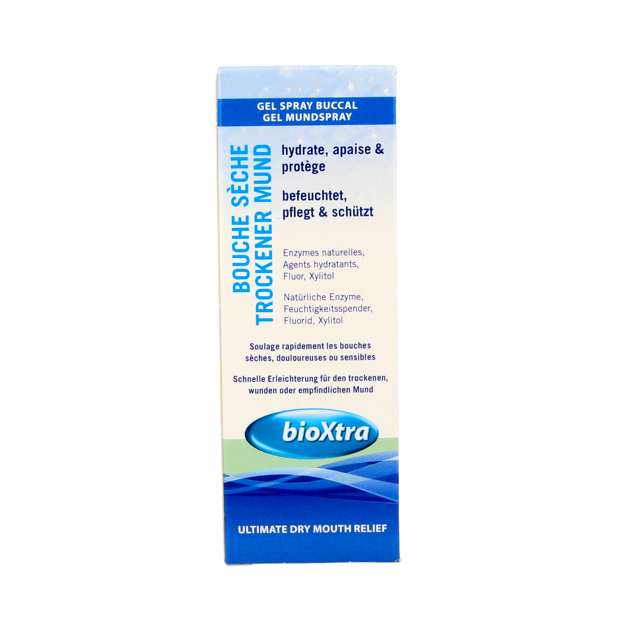 Bioxtra moisturizing mouth spray 50ml for oral hygiene, featuring a sleek spray bottle with Bioxtra branding.