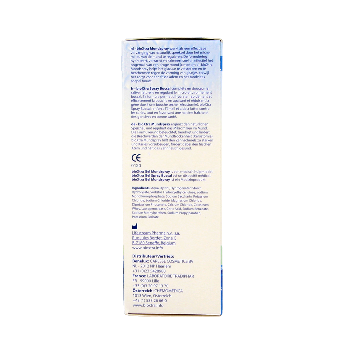Bioxtra Bevochtigende mondspray 50ml for oral hygiene, shown in a clear spray bottle with a white cap.