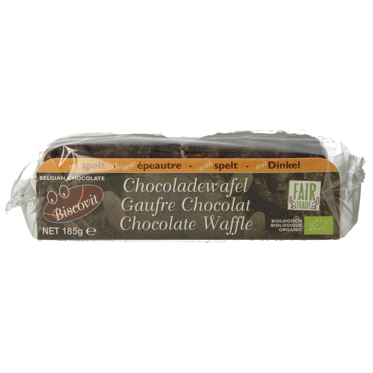 Biscovit chocoladewafel bio koek, 185g, with crispy chocolate-covered layers and a natural, organic appearance.