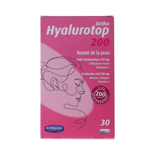Orthonat Ortho Hyalurotop 200 amino acid capsules, close-up of the supplement bottle with capsules visible