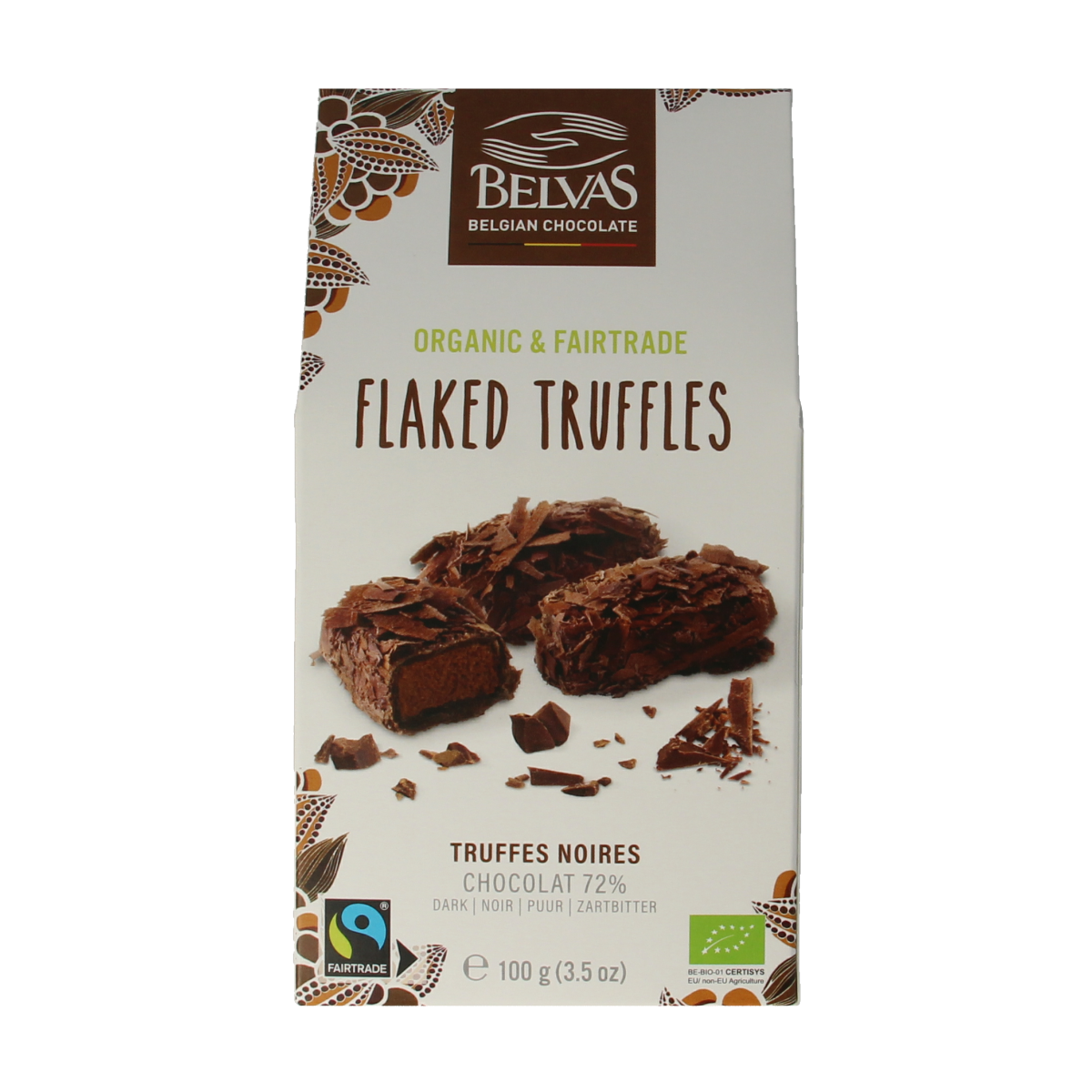 Belvas organic flaked chocolate truffles in 100g package, showing the textured chocolate surface and packaging details.