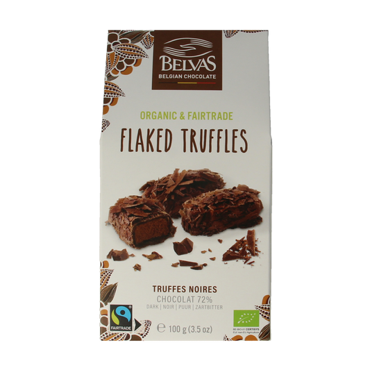 Belvas organic flaked chocolate truffles in 100g package, showing the textured chocolate surface and packaging details.