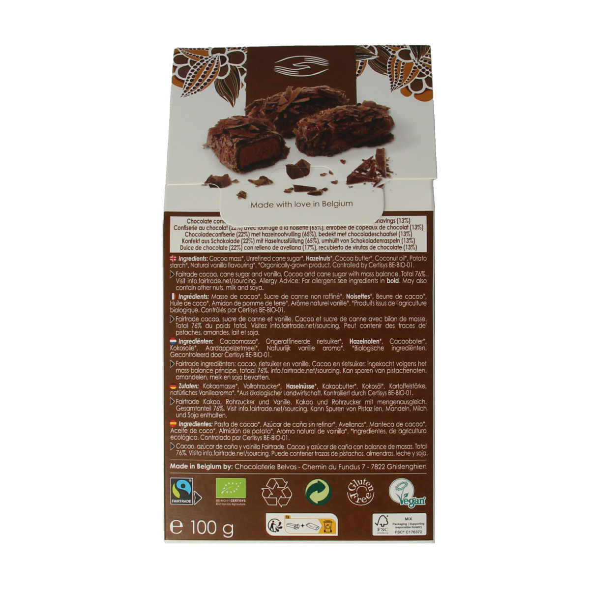 Belvas bio flaked chocolate truffles in 100g package, showcasing textured chocolate pieces with a rich, artisanal appearance.