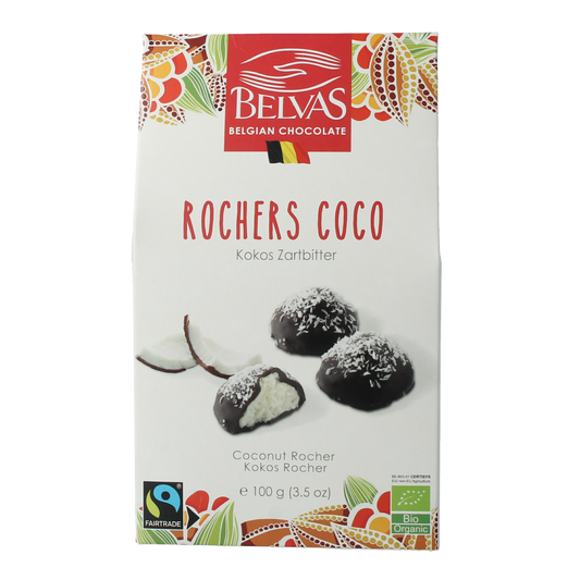Belvas organic coconut rocher chocolate bar, 100 grams, showing the chocolate with coconut pieces and textured surface.