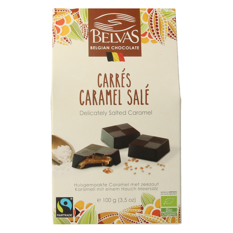 Belvas Puur chocolate with lightly salted caramel in a 100g bar, showcasing smooth chocolate and caramel filling.