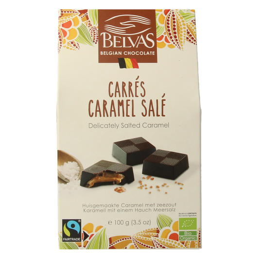 Belvas Puur chocolate with lightly salted caramel in a 100g bar, showcasing smooth chocolate and caramel filling.