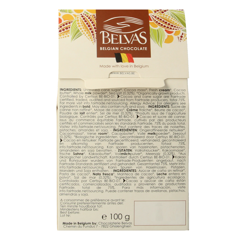 Belvas Puur chocolade met licht gezouten caramel in 100g verpakking, showcasing rich dark chocolate with caramel filling.