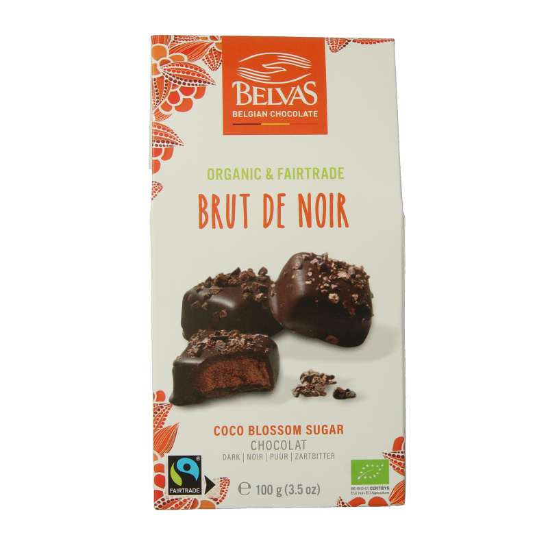 Belvas Brut de Noir 82% organic dark chocolate bar, 100 grams, with rich, smooth chocolate texture and packaging in the image