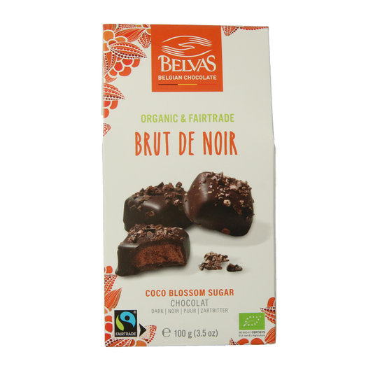 Belvas Brut de Noir 82% organic dark chocolate bar, 100 grams, with rich, smooth chocolate texture and packaging in the image