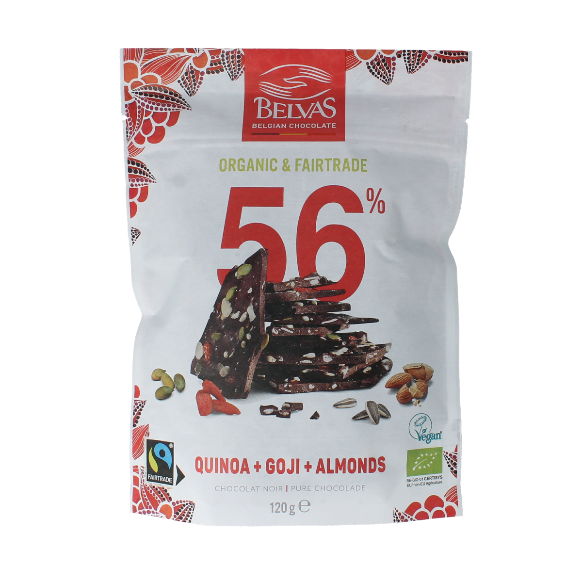 Belvas Thins puur goji amandel bio chocolate bar with goji berries and almonds, 120 grams, shown in the image.