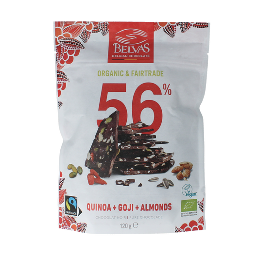 Belvas Thins puur goji amandel bio chocolate bar with goji berries and almonds, 120 grams, shown in the image.