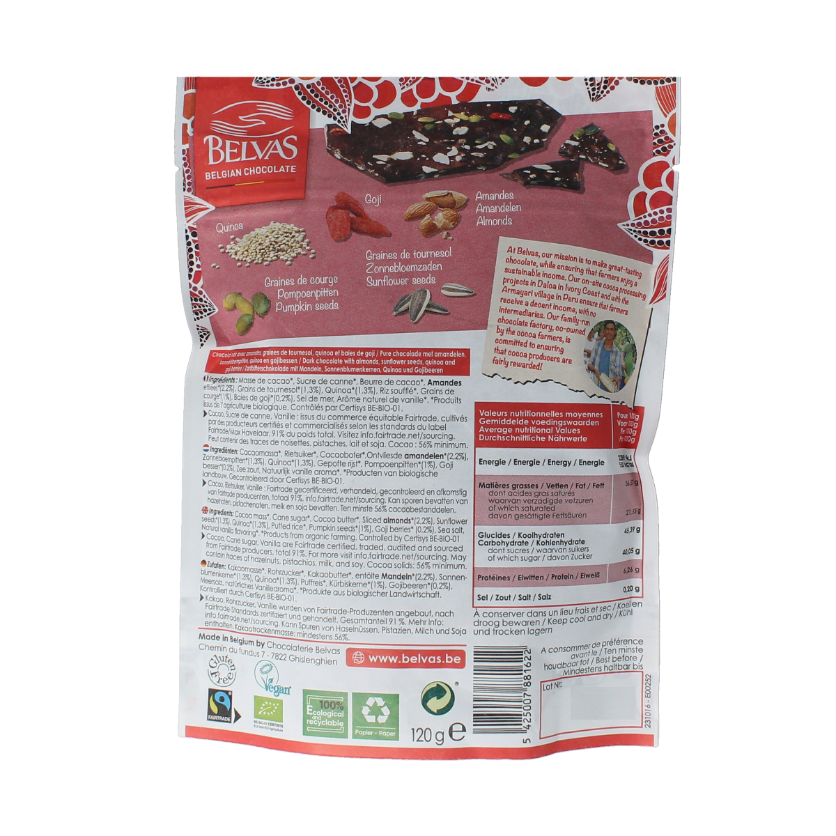 Belvas Thins puur goji amandel bio chocolate piece showing smooth dark chocolate with goji berries and almonds on top.