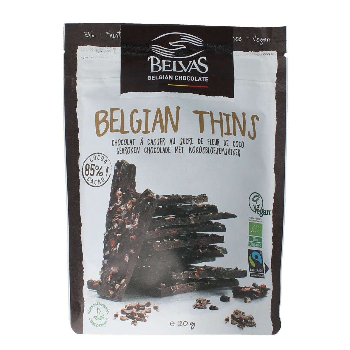 Belvas Thins dark chocolate 85% with coconut blossom sugar, 120g, showing the chocolate pieces with a dark, rich appearance.