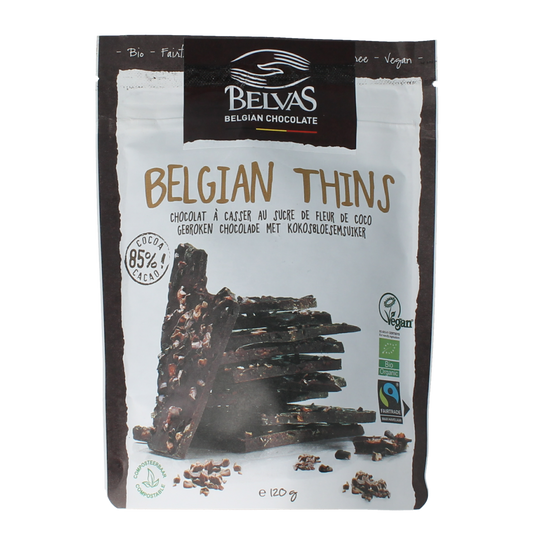 Belvas Thins dark chocolate 85% with coconut blossom sugar, 120g, showing the chocolate pieces with a dark, rich appearance.