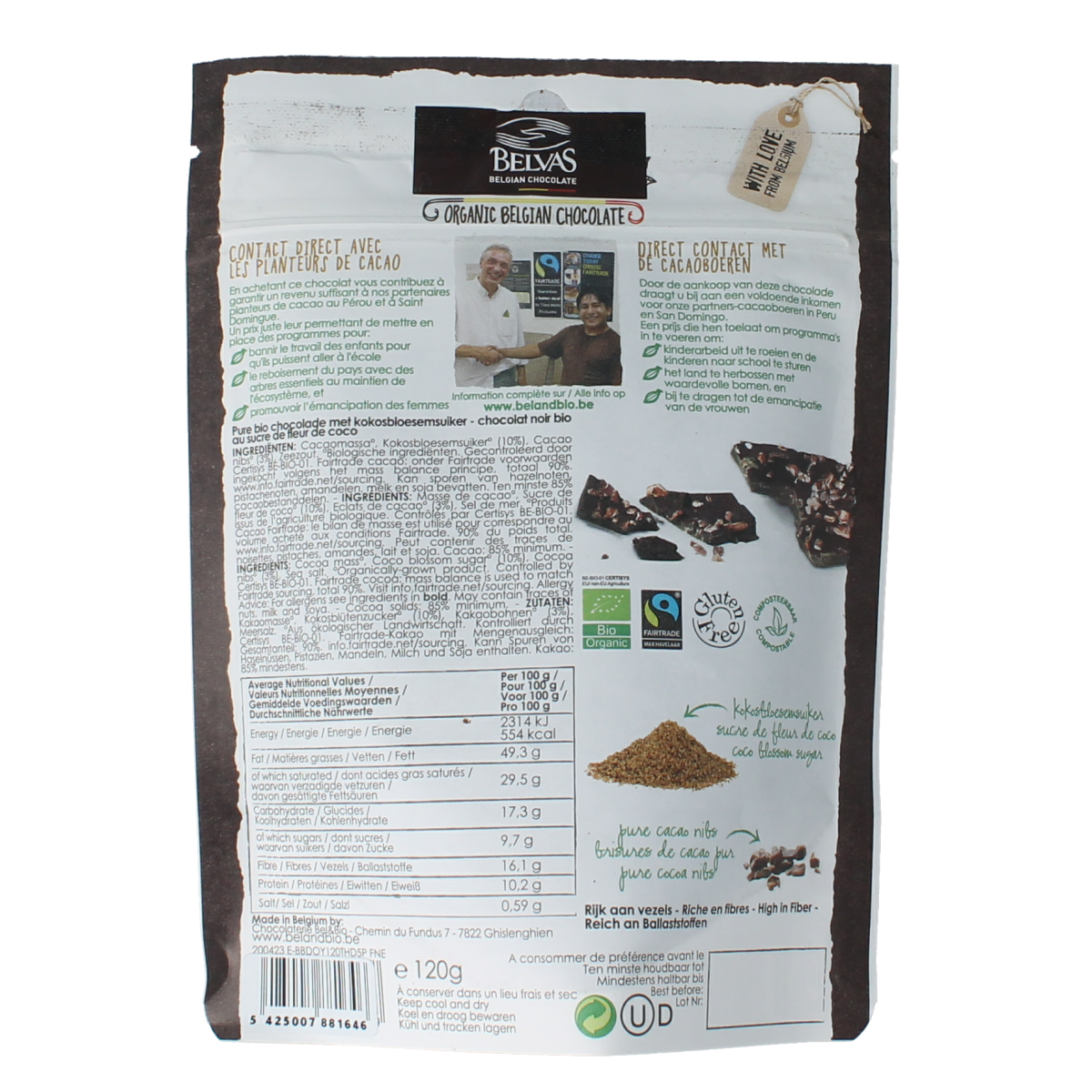 Belvas dark chocolate thins with 85% cocoa and coconut blossom sugar, 120g, showcasing the chocolate pieces on the packaging