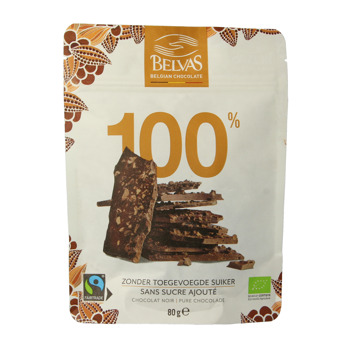 Belvas Thins dark chocolate 100% bio, 80g, thin chocolate pieces in a clear package, showcasing rich dark chocolate.