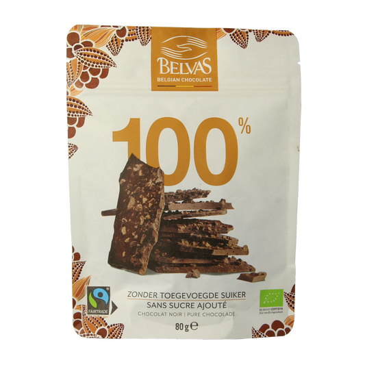 Belvas Thins dark chocolate 100% bio, 80g, thin chocolate pieces in a clear package, showcasing rich dark chocolate.
