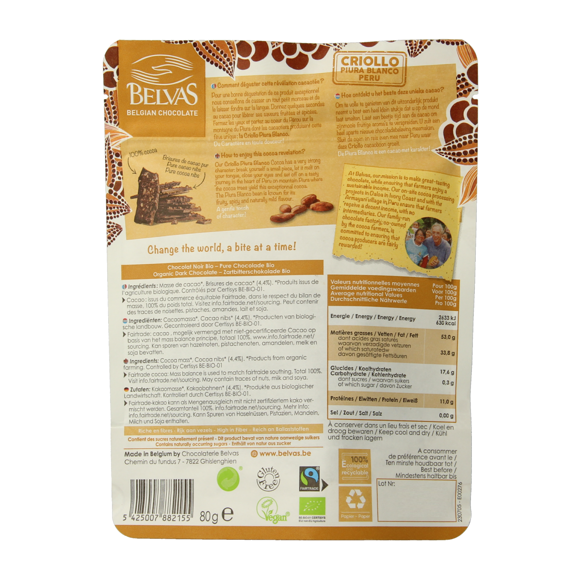 Belvas Thins dark chocolate, 100% organic, 80g, showcasing smooth, rich dark chocolate pieces in a natural setting.