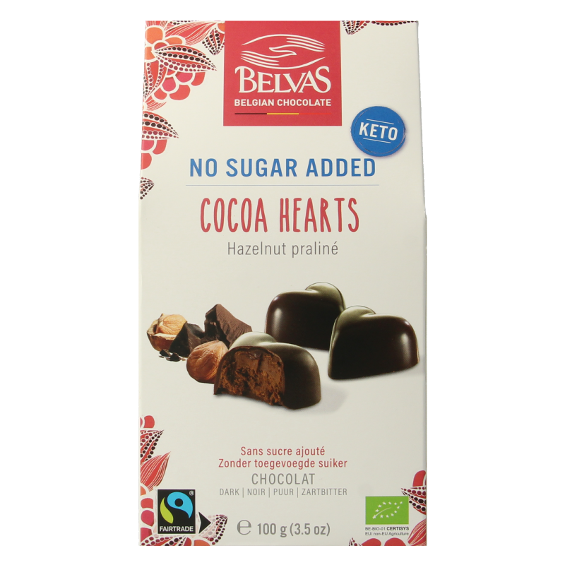 Belvas bio hazelnut praline chocolate heart, 100g, with rich hazelnut filling and smooth milk chocolate coating.