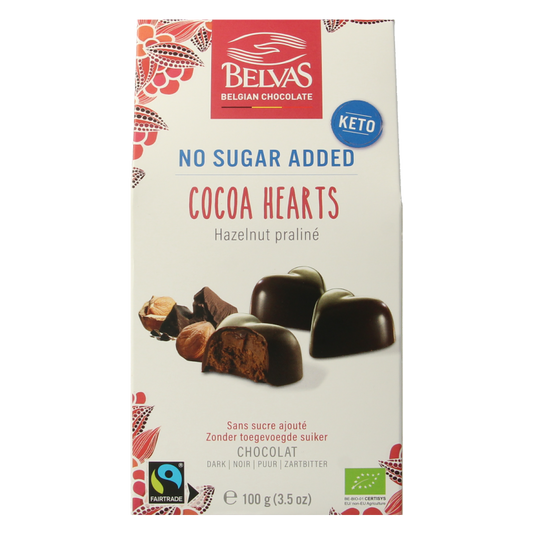 Belvas bio hazelnut praline chocolate heart, 100g, with rich hazelnut filling and smooth milk chocolate coating.