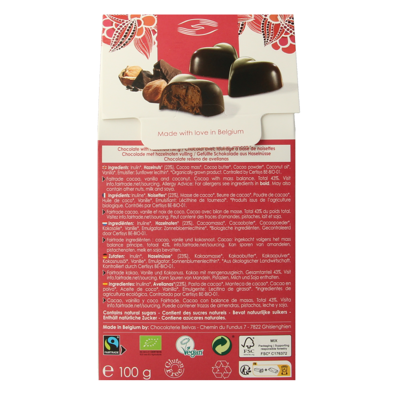 Belvas bio hazelnut praline chocolate heart, 100g, with smooth hazelnut filling and rich chocolate coating.