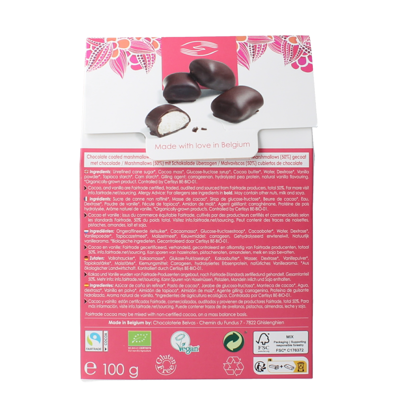 Belvas organic marshmallow chocolate candies in a 100g package, showcasing soft marshmallows coated with rich chocolate.