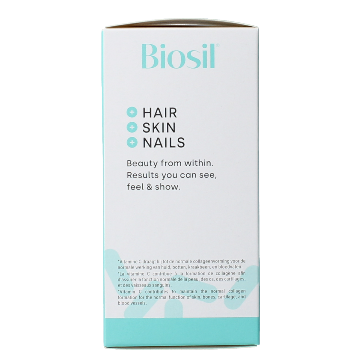 Biosil Mineralen Multi capsules for skin, hair, and nails, vegetarian dietary supplement in a white bottle with capsules inside.