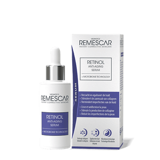 Remescar Retinol serum in 30ml bottle, facial skincare product for anti-aging and skin rejuvenation, close-up view of the bottle