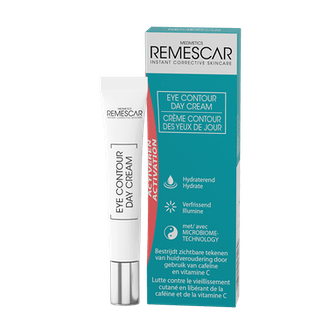 Remescar Eye Contour Day Cream 15ml, eye skincare product with a white and blue squeeze tube, designed to reduce puffiness and dark circles.
