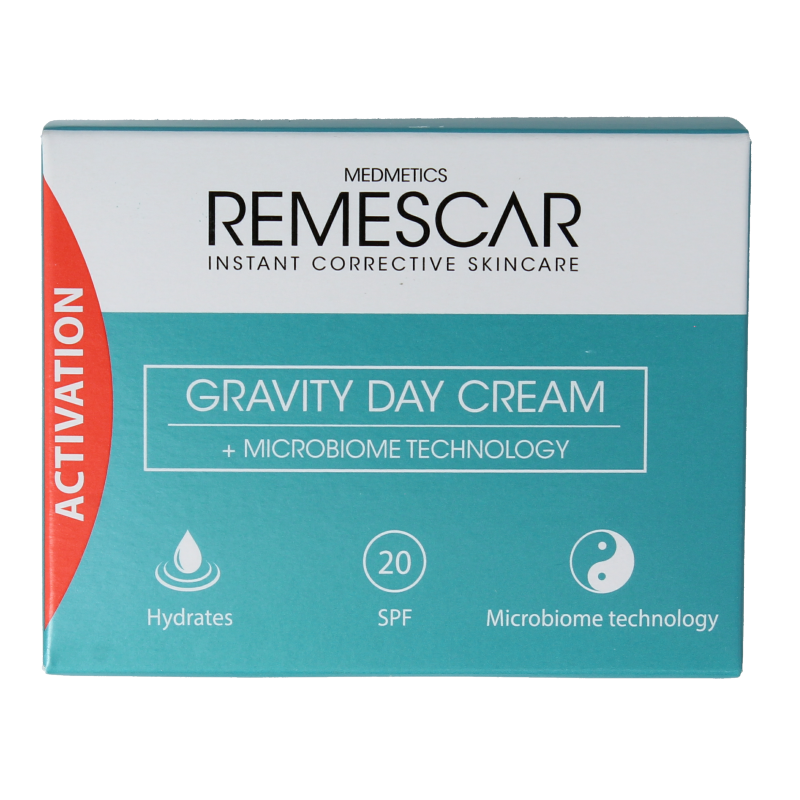 Remescar Gravity day cream SPF20 in a 50ml jar, facial skincare product for anti-aging and sun protection.