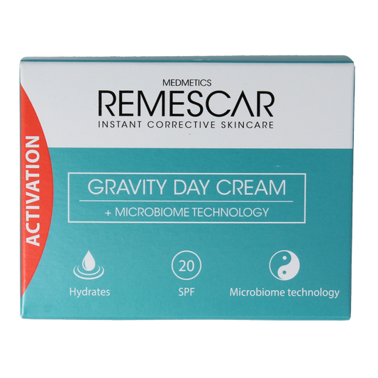 Remescar Gravity day cream SPF20 in a 50ml jar, facial skincare product for anti-aging and sun protection.